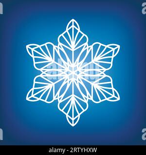 White template snowflake on blue background. Isolated snowflakes icon. Empty paper shape. Winter cartoon flat illustration. Geometric hexagonal Stock Vector