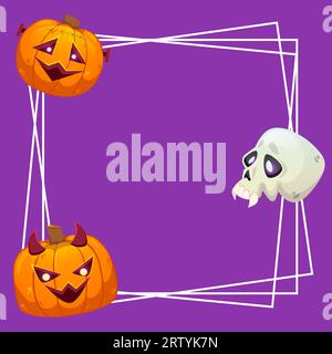 Happy Halloween frame template with pumpkins isolated on purple background. Colorful vector illustration in cartoon style. Stock Vector