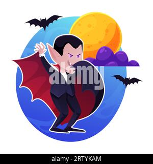 Happy Halloween. Vampire wearing black and red cape against the backdrop of the full moon. Cute character. Colorful vector illustration in cartoon sty Stock Vector