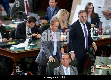 Austin, TX, USA. 15th Sep, 2023. Accused Texas attorney general KEN PAXTON enters the Senate chamber after a break as both sides have rested in Texas Attorney General Ken Paxton's impeachment trial in the Texas Senate on September 15, 2023. The jury is deliberating the charges late Friday afternoon. (Credit Image: © Bob Daemmrich/ZUMA Press Wire) EDITORIAL USAGE ONLY! Not for Commercial USAGE! Stock Photo