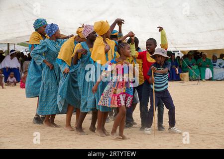 Okombahe: King's Festival of the Damara: Dance group, young women in traditional clothing dancing for the king, Erongo Region, Namibia Stock Photo