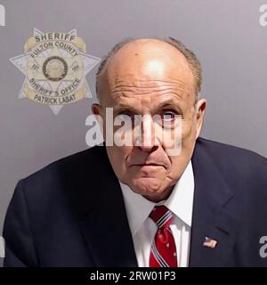 2023 , 23 august , Atlanta , Georgia , USA : The Ex-New York Mayor RUDOLPH GIULIANI ( Rudy , born 1944 ) mugshot . Giuliani was arrested with Ex 45Th President of United States  DONALD John TRUMP . The mugshot was released after arrest in Atlanta , FULTON COUNTY Patrick Labat SHERIFF OFFICE . Trump on charges of plotting to overturn the State's 2020 Election results in an arrest that saw the first ever mugshot of a former US president . Also Giuliani was indicted in the prosecution related to the 2020 election in Georgia , along with 18 other people . Unknown photographer . - MUG SHOT - MUGSHO Stock Photo