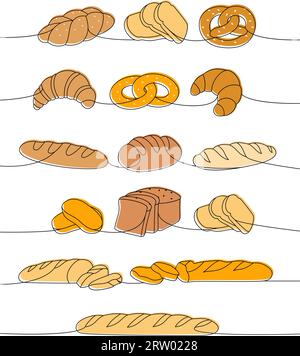 Set of bakery products one line colored continuous drawing. Wheat bread, pretzel, ciabatta, croissant, baguette continuous one line illustration Stock Vector