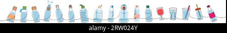 Bottles one line colored continuous drawing. Empty glass and plastic bottles, glass beakers continuous one line illustration. Vector illustration. Stock Vector