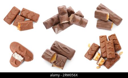 Set with many yummy chocolate bars isolated on white, top view Stock Photo