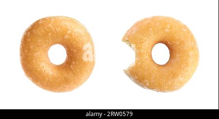 Whole and bitten tasty donuts with sprinkles isolated on white Stock Photo