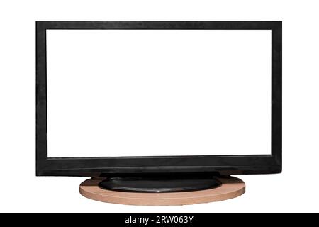 Blank TV screen on wooden stand space for text design mock up frame on white background empty isolated. Stock Photo