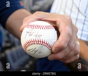 Pittsburgh, United States. 15th Sep, 2023. New York Yankee fan shows off his autographs before the start of the New Yankees and Pittsburgh Pirates at PNC Park on Friday, September 15, 2023 in Pittsburgh. Photo by Archie Carpenter/UPI Credit: UPI/Alamy Live News Stock Photo