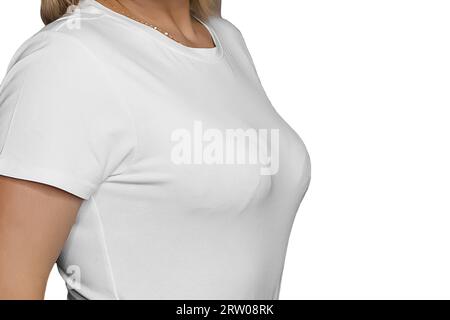 Women's fashion and clothing style light T-shirt on white isolated background close-up. Stock Photo