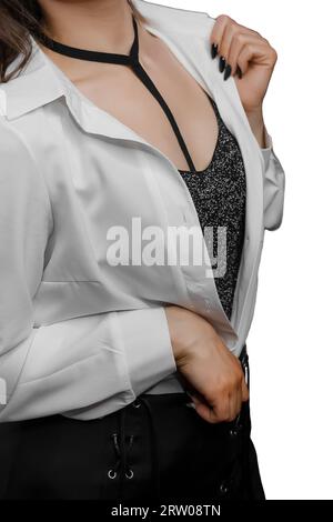 Women's fashion and style of clothing a black belt around the neck and a white shirt on an isolated background. Stock Photo