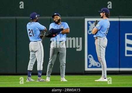 Randy Arozarena,Manuel Margot and Josh Lowe of the Tampa Bay Rays