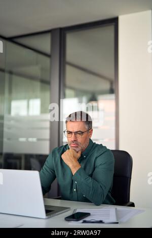 Older professional business man looking at laptop working in office. Vertical. Stock Photo