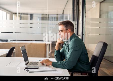 Older busy professional business man looking at laptop working in office. Stock Photo