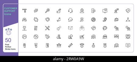 Customer support and satisfaction communication icon 50 set single stroke vector collection expandable and color changeable pixel perfect icon sets Stock Vector