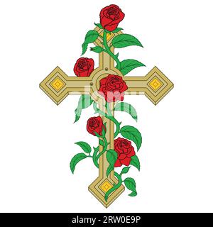 Vector design of Christian cross surrounded by roses, symbol of the Catholic religion, Christian cross with diamonds and petals Stock Vector