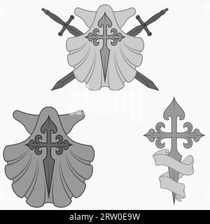 Vector design of christian symbology of the apostle santiago, santiago cross with scallop, sword and ribbon Stock Vector