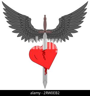 Vector design of European medieval sword with wings, Winged sword piercing a heart as a symbol of love Stock Vector
