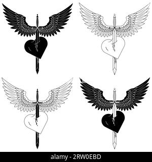 Vector design of European medieval sword with wings, Winged sword piercing a heart as a symbol of love Stock Vector