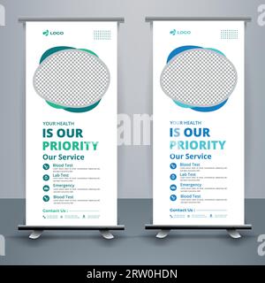 Modern healthcare and medical roll up design for hospital doctor clinic dental. standing banner template decoration for exhibition, printing, Stock Vector