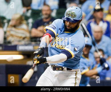 Carlos Santana of the Milwaukee Brewers hits a home run against