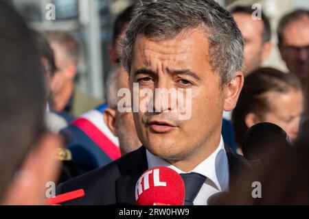 Marseille, France. 12th Sep, 2023. Gerald Darmanin talks to the press. Gerald Darmanin, French Minister for the Interior and Overseas Territories, inaugurates the RAID police section new buildings in Marseille. (Photo by Laurent Coust/SOPA Images/Sipa USA) Credit: Sipa USA/Alamy Live News Stock Photo