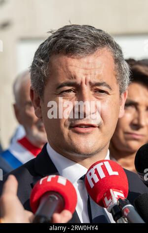 Marseille, France. 12th Sep, 2023. Gerald Darmanin talks to the press. Gerald Darmanin, French Minister for the Interior and Overseas Territories, inaugurates the RAID police section new buildings in Marseille. Credit: SOPA Images Limited/Alamy Live News Stock Photo