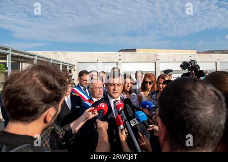 Marseille, Bouches Du Rhone, France. 12th Sep, 2023. Gerald Darmanin talks to the press. Gerald Darmanin, French Minister for the Interior and Overseas Territories, inaugurates the RAID police section new buildings in Marseille. (Credit Image: © Laurent Coust/SOPA Images via ZUMA Press Wire) EDITORIAL USAGE ONLY! Not for Commercial USAGE! Stock Photo