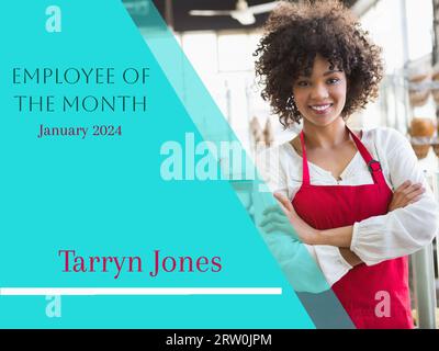 Employee of the month text with name and date on blue with decorative ...