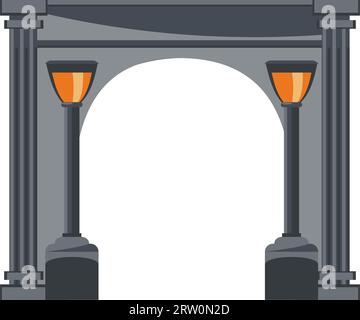 Arch with street flashlight. Entrance with street lamps. Vector illustration. Stock Vector