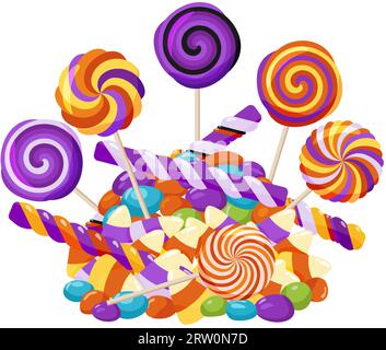 Candy and lollipops on a white background. Various sweets for children for the holiday Halloween. Multicolored sweet treats. Vector illustration. Stock Vector