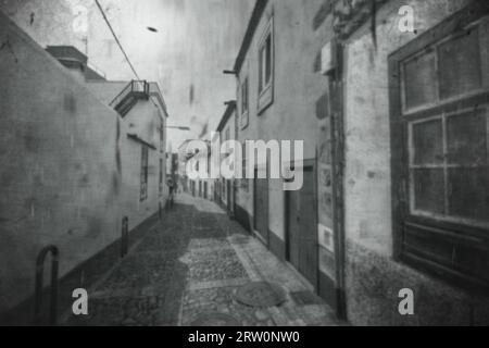 City home, black and white street and travel on alley and retro buildings or architecture. Urban town, destination or historic house and monochrome Stock Photo