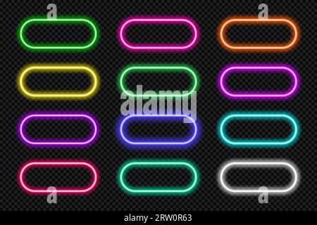 Neon button frames pill set. Glowing coloful rounded rectangle border. Geometric shape action UI elements with copy space. Purple, blue, pink, yellow Stock Vector