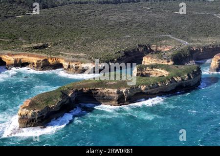 Aerial view of Mutton Bird Island near Port Campbell on the Great Ocean Road in Port Campbell National Park, Victoria, Australia Stock Photo