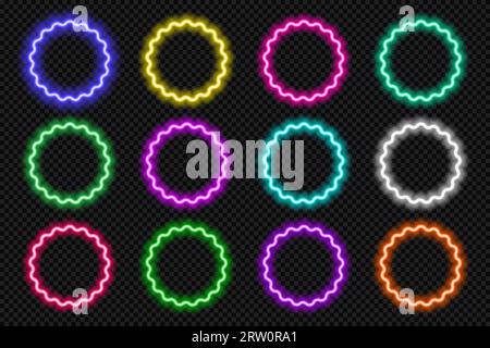 Neon round scallop border frames set. Glowing coloful flower button. Geometric shape action UI elements with copy space. Purple, blue, pink, yellow Stock Vector