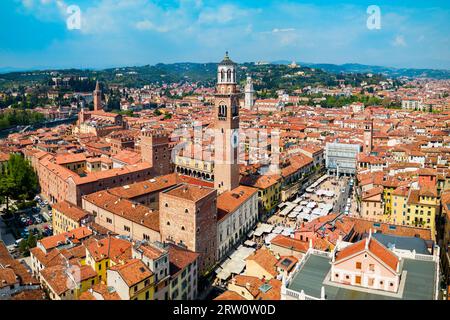 Torre dei Lamberti aerial panoramic view. Torre Lamberti is tower in Piazza delle Erbe square in Verona, Veneto region in Italy. Stock Photo