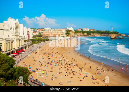 La Grande Plage aerial view from viewpoint, a public beach in Biarritz city on the Bay of Biscay on the Atlantic coast in France Stock Photo