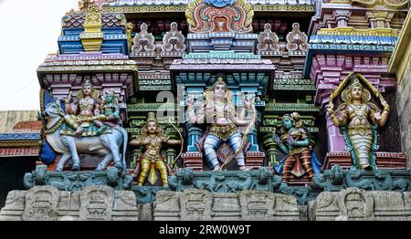 Detail of colorful tower of Meenakshi Amman Temple in India Stock Photo