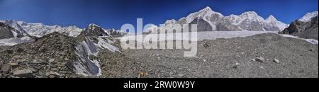 Scenic panorama of Engilchek glacier in picturesque Tian Shan mountain range in Kyrgyzstan Stock Photo