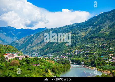 Beas river near Kullu town aerial panoramic landscape, Kullu valley in Himachal Pradesh state in India Stock Photo