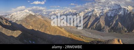 Scenic panorama of Engilchek glacier in picturesque Tian Shan mountain range in Kyrgyzstan Stock Photo