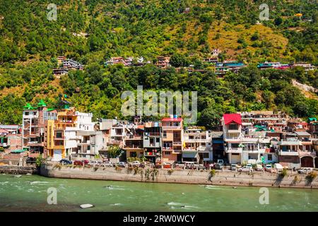 Beas river near Kullu town aerial panoramic landscape, Kullu valley in Himachal Pradesh state in India Stock Photo