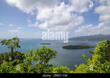 High angle view of small islands of the Marovo Lagoon in Solomon Islands Stock Photo