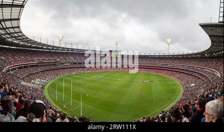 Melbourne, Australia, April 25, 2015: Panoramic view of Melbourne Cricket Ground on ANZAC Day 2015 Stock Photo