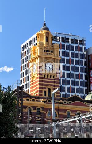 Flinders Street Station clock tower in Melbourne, Victoria, Australia, on a beautiful summer day Stock Photo