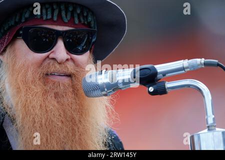 Concord, NC, May 24, 2015: ZZ Top performs for the crowds before the start of the Coca-Cola 600 at Charlotte Motor Speedway in Concord, NC Stock Photo