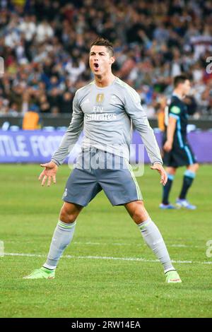 MELBOURNE, AUSTRALIA, JULY 24: Cristiano Ronaldo scores for Real Madrid in match 3 of the 2015 International Champions Cup Stock Photo