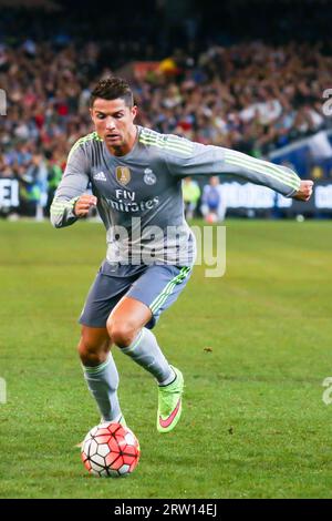MELBOURNE, AUSTRALIA, JULY 24: Cristiano Ronaldo with the ball as Manchester City play Real Madrid in match 3 of the 2015 International Champions Cup Stock Photo