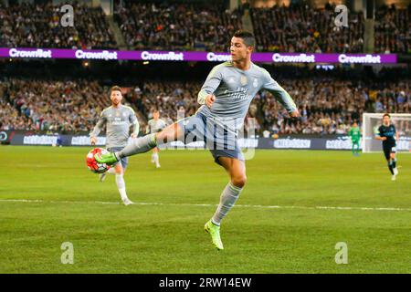 MELBOURNE, AUSTRALIA, JULY 24: Cristiano Ronaldo with the ball as Manchester City play Real Madrid in match 3 of the 2015 International Champions Cup Stock Photo