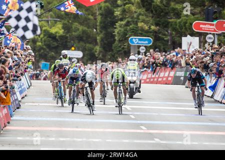 MELBOURNE, AUSTRALIA, FEBRUARY 1: The sprint finish with Gianni MEERSMAN leading in the inaugral Cadel Evans Great Ocean Road Race Stock Photo