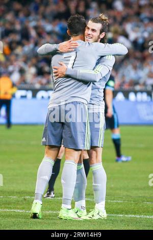 MELBOURNE, AUSTRALIA, JULY 24: Cristiano Ronaldo celebrates his goal with Gareth Bale in match 3 of the 2015 International Champions Cup Stock Photo